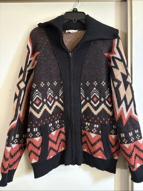 Zippered Geometric Knit Cardigan Sweater - Black, Rust & Cream
